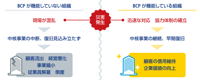 BCP対策が上手くいかない(防災対策に終始してしまった企業)と有効性を確認してBCP対策を高めた企業