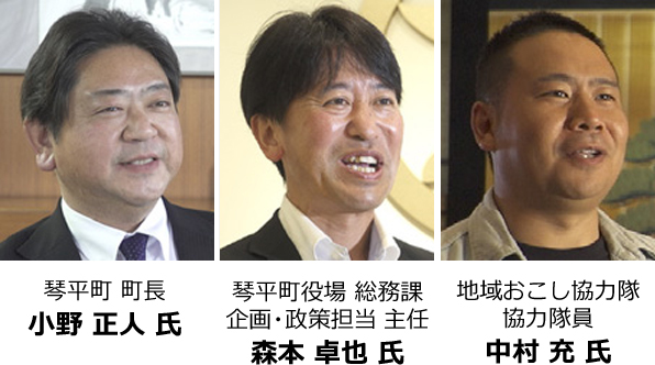 琴平町 町長 小野 正人 氏 琴平町役場 総務課 企画・政策担当 主任 森本 卓也 氏 地域おこし協力隊 協力隊員 中村 充 氏