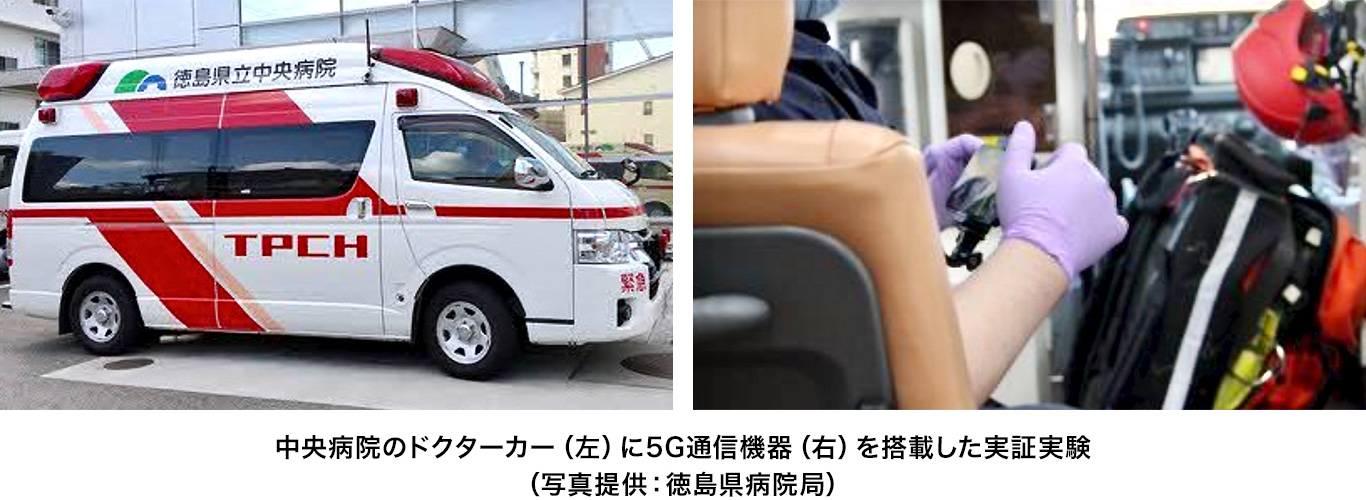 中央病院のドクターカー(左)に5G通信機器(右)を搭載した実証実験(写真提供:徳島県病院局)