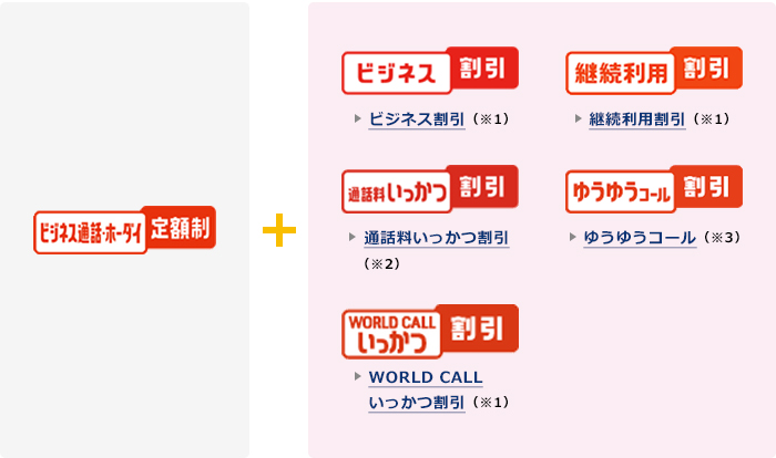 ビジネス通話ホーダイとビジネス割引、継続利用割引、通話料いっかつ割引、ゆうゆうコール、WORLD CALいっかつ割引