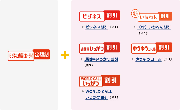 ビジネス通話ホーダイとビジネス割引、(新)いちねん割引、通話料いっかつ割引、ゆうゆうコール、WORLD CALLいっかつ割引