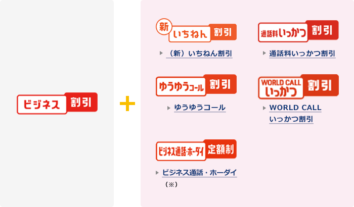 ビジネス割引と新いちねん割引、通話料いっかつ割引、ゆうゆうコール、WORLD CALLいっかつ割引、ビジネス通話・ホーダイ定額制