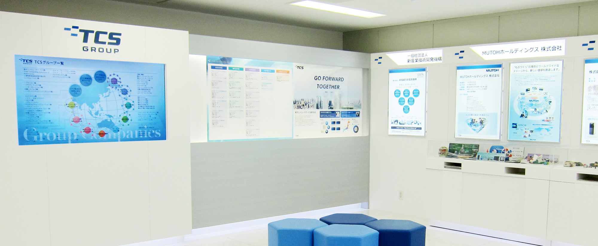 TCSグループ、一般社団法人 新産業技術開発機構、MUTOHホールディングス株式会社のポスターなどが展示されている風景