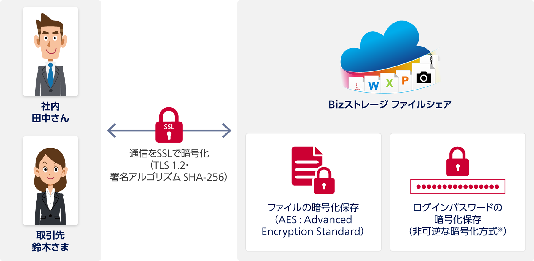 社内 田中さん・取引先 鈴木さまとBizストレージ ファイルシェアの間:通信をSSLで暗号化(TLS 1.2・署名アルゴリズム SHA-256)。Bizストレージ ファイルシェア:ファイルの暗号化保存(AES : Advanced Encryption Standard)、ログインパスワードの暗号化保存(非可逆な暗号化方式※)。