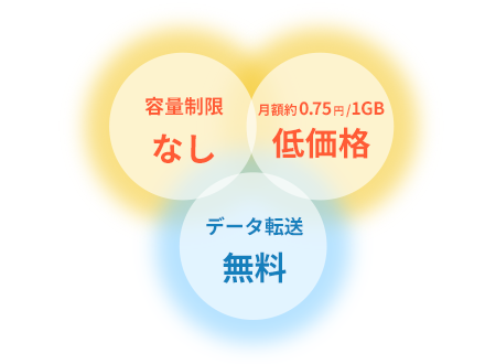 容量制限なし、月額約0.75円/1GB低価格、データ転送無料