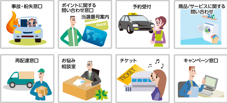 service_img04 事故・紛失窓口、ポイントに関する問い合わせ窓口当選番号案内、予約受付、商品/サービスに関する問い合わせ、再配達窓口、お悩み相談室、チケット、キャンペーン窓口
