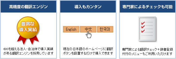 service_translate_img04 【高精度の翻訳エンジン:600を超える法人・自治体で導入実績がある翻訳エンジンを採用しています】【導入もカンタン:現在の日本語のホームページに翻訳 ボタンを設置するだけで導入できます】【専門家によるチェックも可能:専門家による翻訳チェック+辞書登録代行のメニューもご利用いただけます】